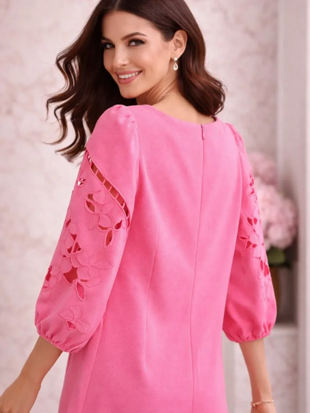 Hot Pink Statement Mini Dress Vince Camuto Eyelet Sleeve NWT - Picture 3 of 11
